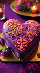 A purple heart-shaped cake decorated with orange icing in a mehndi style on a purple patterned background.