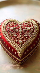 Red and gold heart-shaped jewelry box with diamonds on a golden surface.