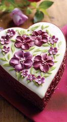 Pink and purple flowers cake with green leaves on a red napkin.