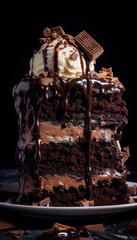 Close up of a slice of chocolate cake with chocolate frosting and a scoop of vanilla ice cream on top, garnished with chocolate shavings.