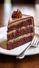 Close up of a slice of chocolate cake with a fork on a white plate.