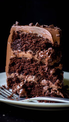 Close up of a slice of chocolate cake with chocolate frosting and chocolate shavings on top.