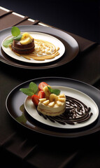 Two plates with delicious desserts, one with chocolate and banana, the other with strawberries and cream.