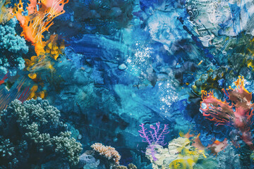 Abstract Underwater Coral Reef Painting. This image is an artistic abstraction of an underwater coral reef, with vivid colors and dynamic textures creating a sense of oceanic depth and marine life.