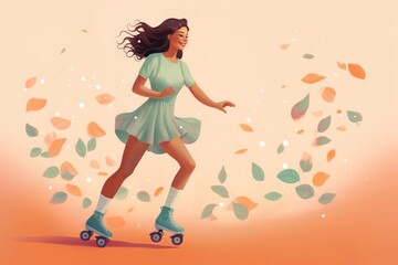 A joyful girl glides on roller skates on a pastel background. The essence of happiness.