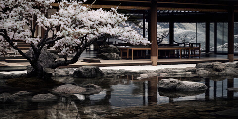 Photo of a beautiful Zen garden with a cherry blossom tree, rocks, and a pond.