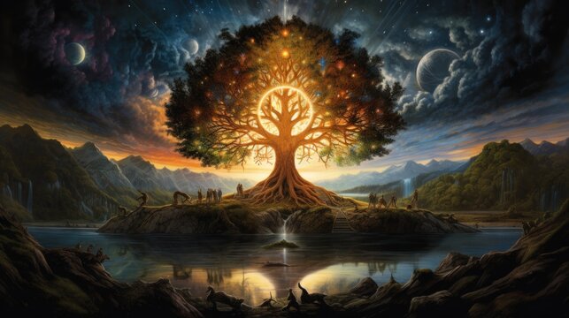 Yggdrasil and the Nine Worlds The roots were the size of a crown, beautifully colored, surrounded by a bright pentagram with the nine worlds. Streams of light flowed towards the roots of the tree.