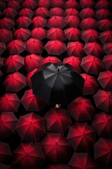 A red half-transparent umbrella is in the middle of a crowd of black half-transparent umbrellas on a rainy day.