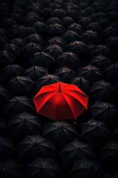 A red half-transparent umbrella is in the middle of a crowd of black half-transparent umbrellas on a rainy day.