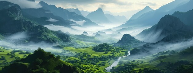 Misty Mountain Valley with Serpentine River - obrazy, fototapety, plakaty