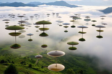 Surreal landscape with floating islands and green vegetation in the sky