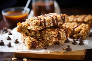 Foto op Plexiglas anti-reflex Peanut butter granola bars with rolled oats, peanut butter, and maple syrup © DK_2020