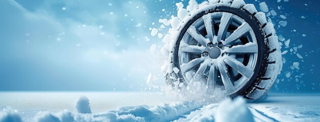 Winter Tire in Action During Snowy Day Drive - obrazy, fototapety, plakaty