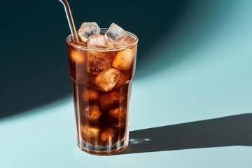 Glass of ice coffee with ice cubes and coffee beans. Creative summer concept.