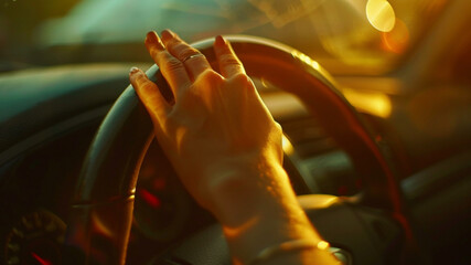 woman's hand drive car, close up on finger, cinematic