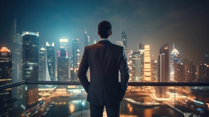 Businessman standing on the balcony in front of a skyscraper
