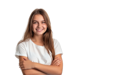 Portrait of young beautiful cute cheerful girl smiling looking at camera. PNG file of isolated cutout object on transparent background.