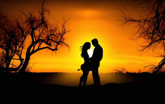The image is a silhouette of a couple standing in a field at sunset. The sky is a bright orange and the trees are bare. The image is in the art style of minimalism and the subject is love.