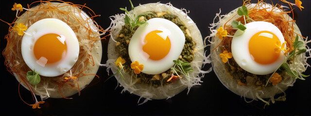 Three egg yolks on a white creamy sauce with pesto and edible flowers.