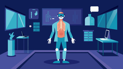 A virtual reality simulation room for medical training equipped with the latest anatomical models and interactive tools for immersive learning.