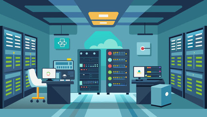 A central server room filled with tingedge data processing and storage technology supporting seamless communication and recordkeeping for - obrazy, fototapety, plakaty