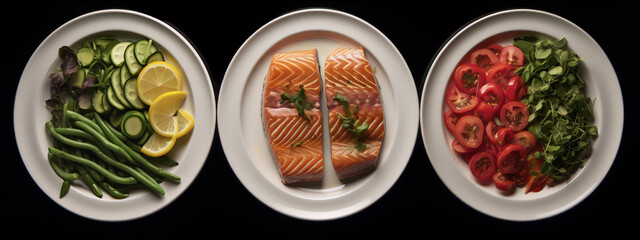 Three white plates with food on a black background.
