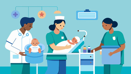 In the neonatal unit a team of nurses carefully tend to the tiny babies in incubators while a doctor monitors their progress with a stethoscope. - obrazy, fototapety, plakaty