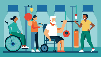In the rehabilitation wing patients are pushing their limits on the latest in exercise equipment customized to their individual needs and - obrazy, fototapety, plakaty