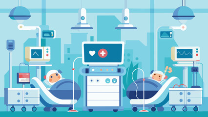 The neonatal intensive care unit is filled with sophisticated equipment monitoring the tiny bodies of premature babies. Tiny sensors beep and - obrazy, fototapety, plakaty