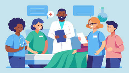 A group of doctors and nurses gather around a patients bed discussing treatment options and listening to the patients concerns. The patient is - obrazy, fototapety, plakaty