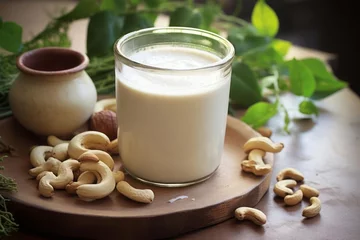 Fotobehang Crafting homemade cashew milk. Velvety cashew milk highlighting the creaminess and versatility of this plant-based alternative. © DK_2020