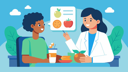 Fototapeta premium In this hospital image a nutritionist is discussing a specialized postoperative diet with a patient. Proper nutrition is essential for the body