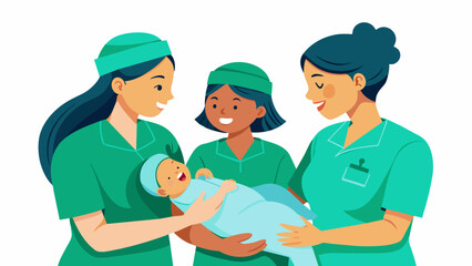 Fototapeta premium A team of nurses in matching green scrubs are carefully a newborn baby using gentle and soothing techniques to keep the baby calm and relaxed.