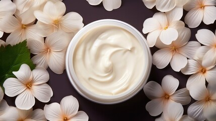 Fototapeta na wymiar Cream for skin care flowers flat lay . Natural cosmetic products, Create AI