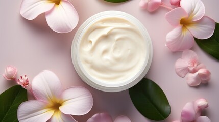 Obraz na płótnie Canvas Cream for skin care flowers flat lay . Natural cosmetic products, Create AI