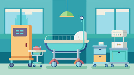 In one corner a specialized infant resuscitation cart stands ready to provide immediate care to newborns if needed. - obrazy, fototapety, plakaty