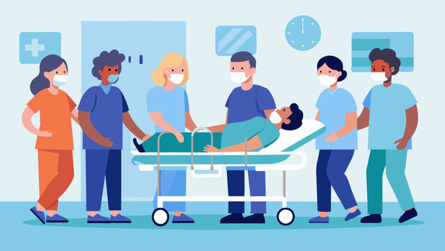 A patient being wheeled into the room on a gurney surrounded by a team of doctors and nurses in scrubs. The patient is wearing an oxygen mask