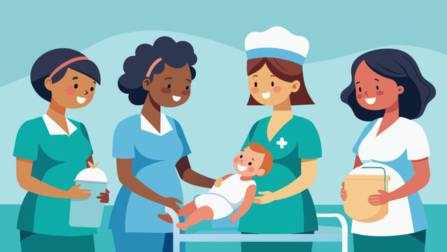 In the maternity ward a group of nurses are working together to help a new mother who is experiencing difficulty with feeding. One nurse is