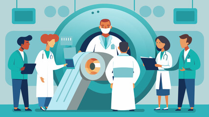 A medical team reviewing safety protocols and procedures for operating the MRI machine in the radiology control room. - obrazy, fototapety, plakaty