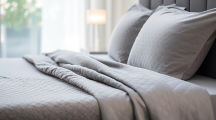 Close-up of gray bedspread in modern bedroom - obrazy, fototapety, plakaty