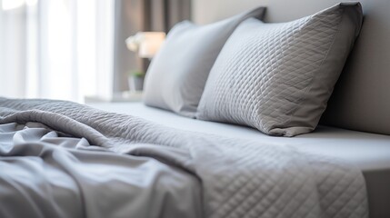 Close-up of gray bedspread in modern bedroom