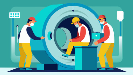 Two engineers working on the inner workings of a CT scanner using specialized tools to troubleshoot and repair any mechanical issues. - obrazy, fototapety, plakaty