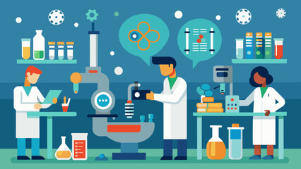 A busy laboratory scene showcasing a variety of equipment used to analyze and test samples. From microscopes to centrifuges to tingedge genetic - obrazy, fototapety, plakaty