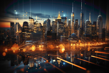 Digital stock market charts seamlessly blending with a cityscape in the background, symbolizing the connection between finance and urban life.