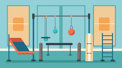 A therapy gym with parallel bars and a variety of weights and resistance bands to assist patients in regaining their balance and strength after - obrazy, fototapety, plakaty