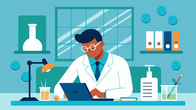 A medical researcher sits at a desk cluttered with papers and charts scribbling notes onto a clipboard as they monitor the progress of an
