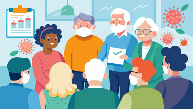 A group of seniors gathered in a community center receiving a presentation on the importance of vaccinations in preventing outbreaks and