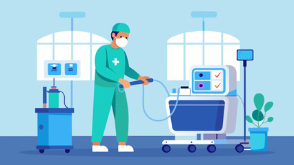 A maintenance worker is thoroughly sanitizing and sterilizing all medical equipment in the ICU including ventilators and monitors to prevent the - obrazy, fototapety, plakaty