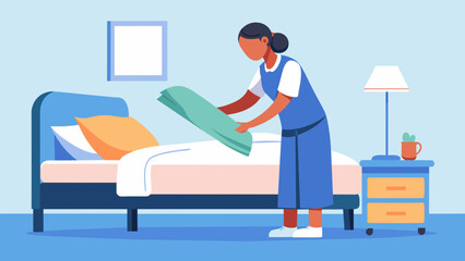 A housekeeping staff member is changing the linens and pillows on the patients bed as part of the regular cleaning routine to maintain a clean - obrazy, fototapety, plakaty