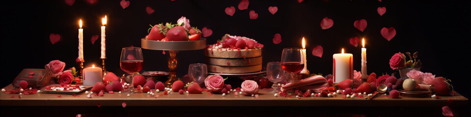 Naklejka premium Still life photography of a table set with a cake, wine, and roses in a dark room with candles and red petals